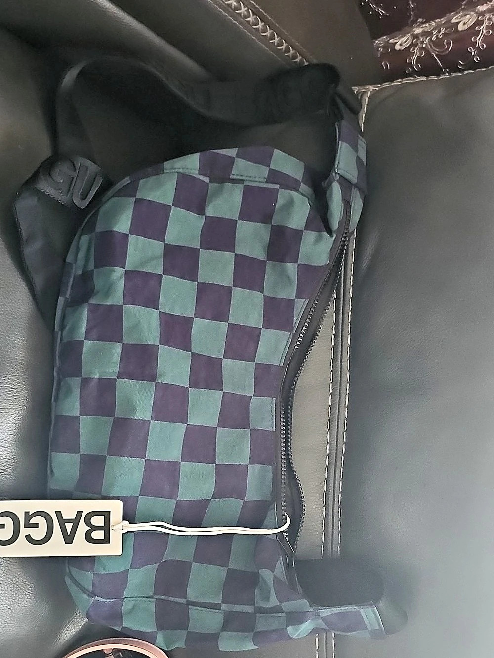 BAGGU Medium Nylon Crescent Bag Checkered Shoulder Bag in Green & Navy NWT